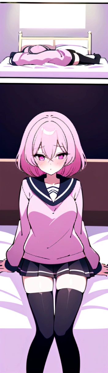pink hair black glasses pink eyes extremely blushing a big pink sweater short black short skirt black stockings be a reserved girl her bed 
