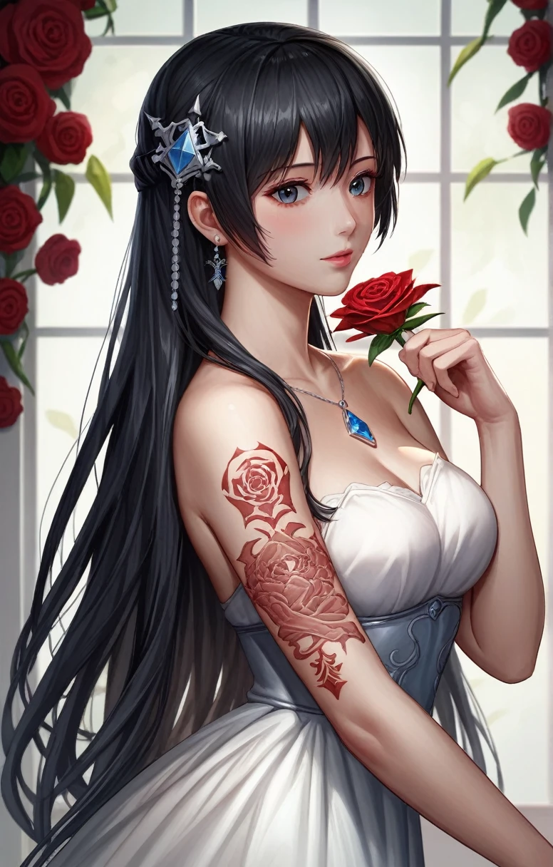 Anime girl with long black hair and white dress with red roses, Tattoo, Detailed beautiful eyes, Gu Weiss, Gu Weiss on pixiv artstation, Detailed digital anime art, Beautiful anime girl, Gu Weiss on artstation pixiv, Anime style 4k, guys, Beautiful anime portrait, Detailed portrait of anime girl, Detailed anime art, Beautiful anime woman