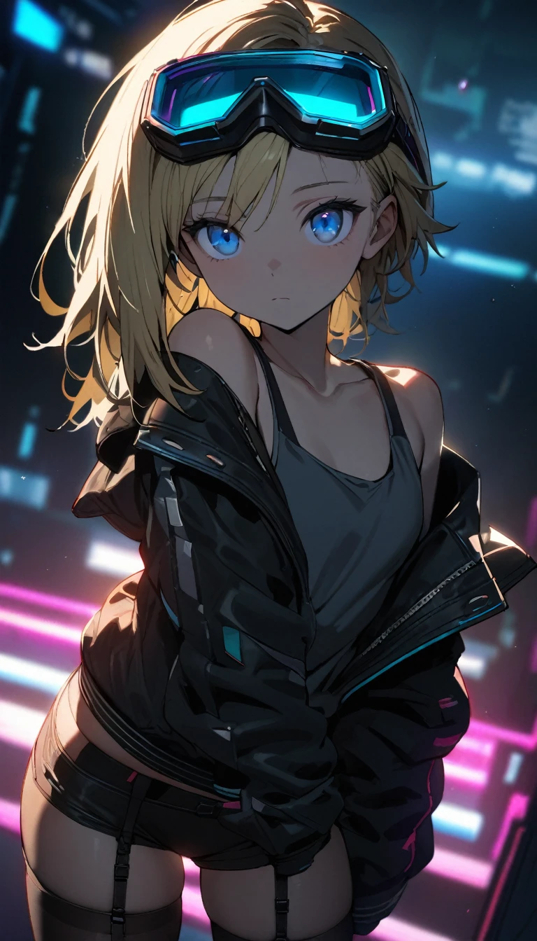 a handsome girl, , solo,
blond hair, asymmetrical bob, blue eyes, bright eyes,
cyber punk black jacket, tank top, goggles on head,
off shoulder, open jacket, black shorts, garter belt, black tights,
expressionless,
blurry background, perfect lighting, perfect angle, masterpiece, best quality, extremely detailed face,