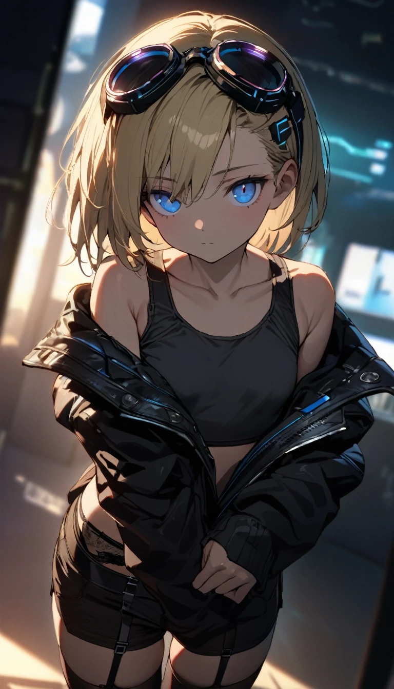 a handsome girl, 15yo, solo,
blond hair, asymmetrical bob, blue eyes, bright eyes,
cyber punk black jacket, tank top, goggles on head,
off shoulder, open jacket, black shorts, garter belt, black tights,
expressionless,
blurry background, perfect lighting, perfect angle, masterpiece, best quality, extremely detailed face,