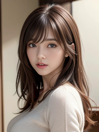 (Highest quality, 8K, masterpiece :1.3), One girl, Beautiful woman, Messy Hair, Asymmetrical bangs, Brown Hair, Huge breasts :1.2, Casual clothing :1.2, indoor, Highly detailed face, (actress), (Japanese Idols), 19, (professionally Portraiture photo:1.3), Portraiture. (Face shot), Simple Background
