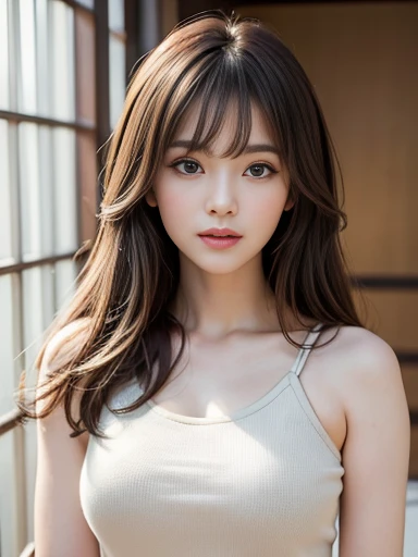 (Highest quality, 8K, masterpiece :1.3), One girl, Beautiful woman, Messy Hair, Asymmetrical bangs, Brown Hair, Huge breasts :1.2, Casual clothing :1.2, indoor, Highly detailed face, (actress), (Japanese Idols), 19, (professionally Portraiture photo:1.3), Portraiture. (Face shot), Simple Background