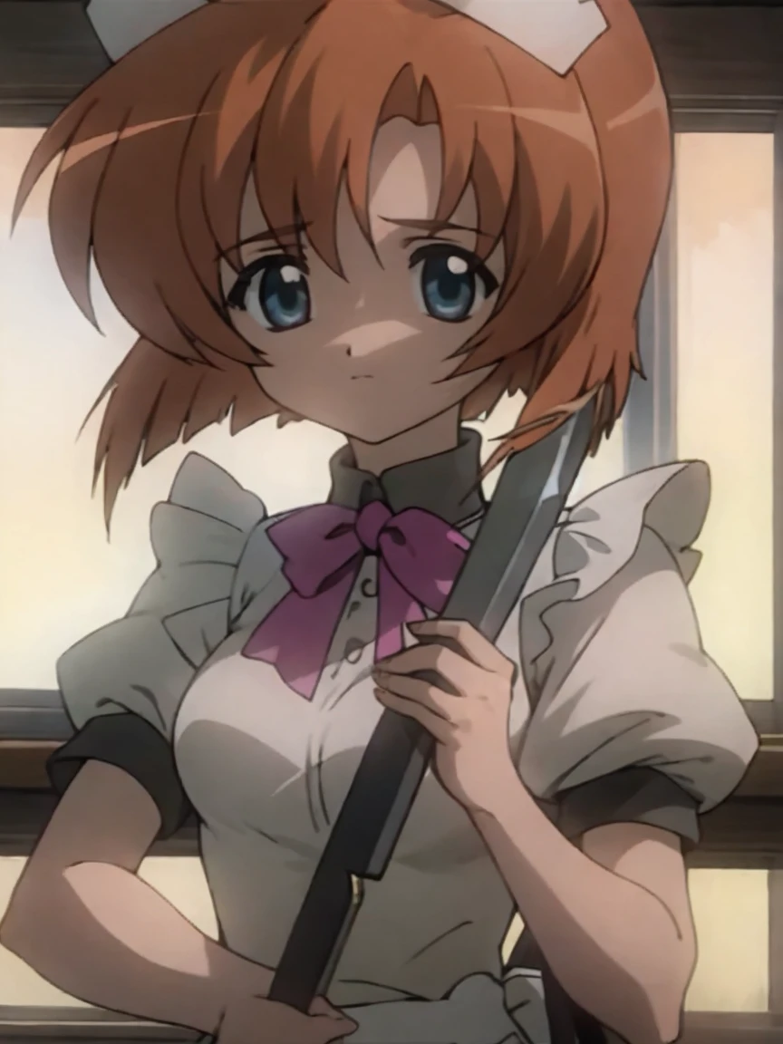 One girl，Beautiful viewasterpiece、Highest quality)，Short Hair,Orange Hair，Black maid outfit，Frills，Puff sleeves，Frillsのカチューシャ，Hatchet
