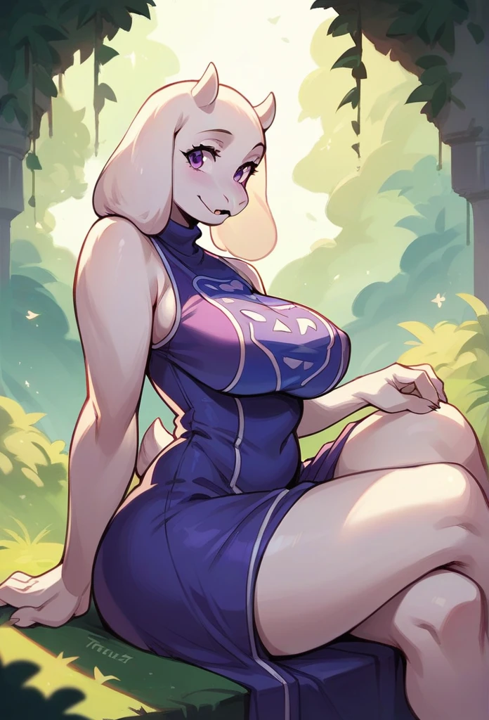 sexy,milf,toriel,Purple dress,bright purple eyes,big ass,Big breasts,Sitting,backwards