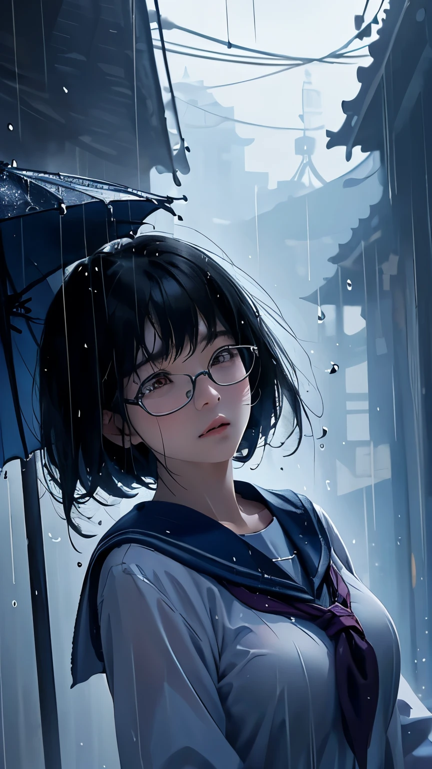 Master Painting、Optimal quality、downpour、woman、Black Hair Semi-Long、Looking up at the sky、Upper Body、Sailor suit、Large Breasts、Asian、high school girl、Eaves、Rain-soaked hair、Glasses