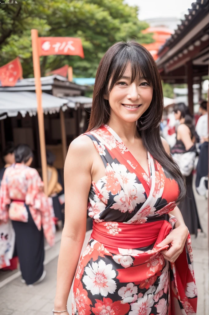 ((yukataでお祭り))((Japanese mature woman in her 45 years old)), ((Top Quality, 8K, Masterpiece: 1.3, photorealistic)), (smile), (looking at the viewer), Milf and attractive woman, sexy big brest,Japanese Festivals、yukata、yukataでお祭り、