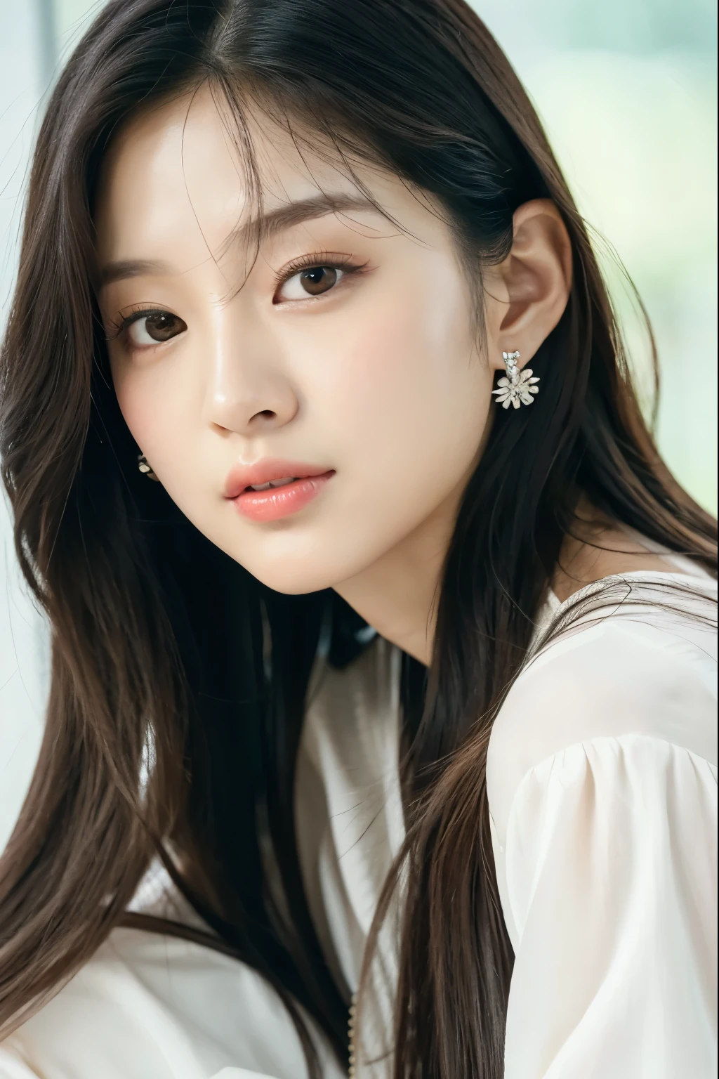 a close up of a woman with long hair and a white shirt, portrait of jossi of blackpink, lee ji - eun, lee ji-eun, jaeyeon nam, headshot profile picture, heonhwa choe, portrait jisoo blackpink, jossi of blackpink, hwang se - on, portrait of female korean idol, blackpink jennie, jisoo from blackpink