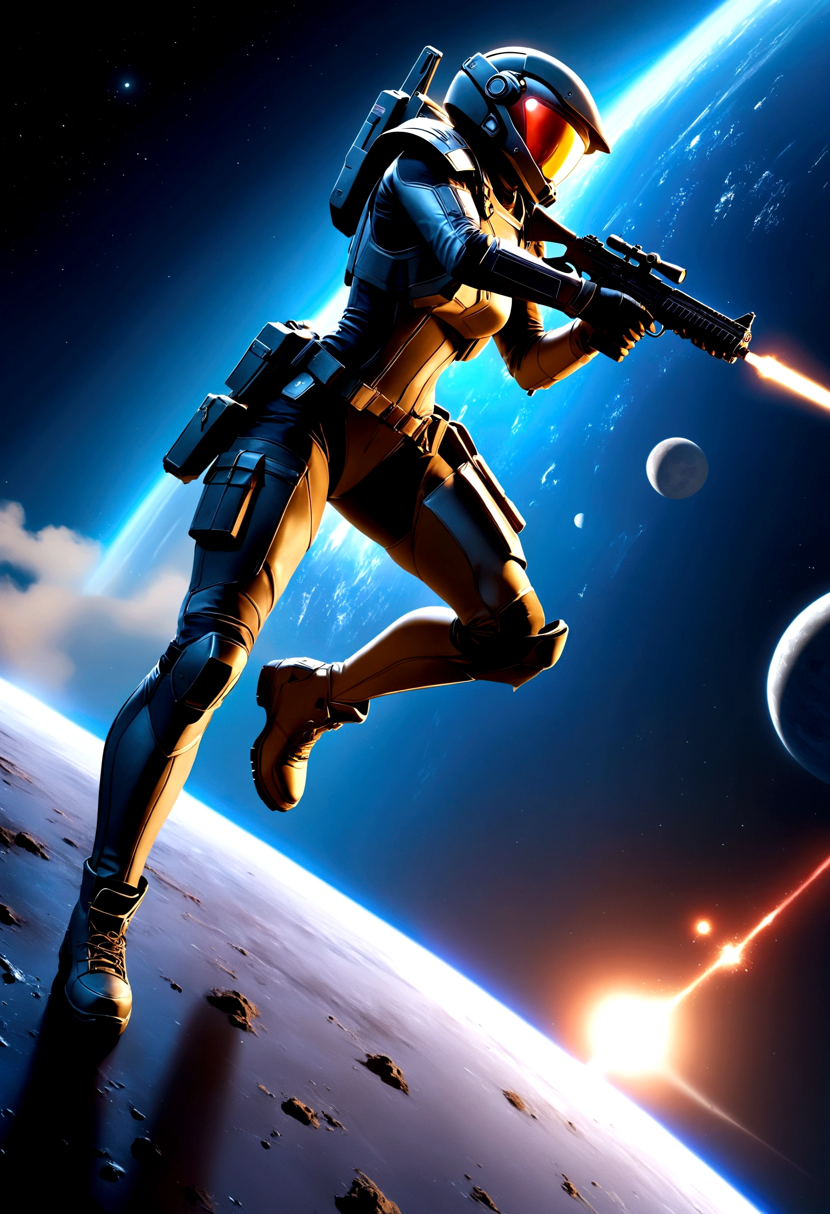 ((Masterpiece in maximum 16K resolution):1.6),((soft_color_photograpy:)1.5), ((Ultra-Detailed):1.4),((Movie-like still images and dynamic angles):1.3), ((motion blur):1.1) | (Cinematic view photo of a battle ground in a moon), ((Female space soldier):1.3), (alien planet), (cinematic lens), ((tyndall effect):1.1), (star light), (smoke), (battle ground), ((futuristic space weapons):1.2), ((shooting at something):1.2), (Night at alien planet), (sense of battle), (shimmer), (visual experience), (Realism), (Realistic), award-winning graphics, dark shot, film grain, extremely detailed, Digital Art, rtx, Unreal Engine, scene concept anti glare effect, All captured with sharp focus. | Rendered in ultra-high definition with UHD and retina quality, this masterpiece ensures anatomical correctness and textured skin with super detail. With a focus on high quality and accuracy, this award-winning portrayal captures every nuance in stunning 16k resolution, immersing viewers in its lifelike depiction. Avoid extreme angles or exaggerated expressions to maintain realism. | ((perfect_composition, perfect_design, perfect_layout, perfect_detail, ultra_detailed)), ((enhance_all, fix_everything)), More Detail, Enhance.
