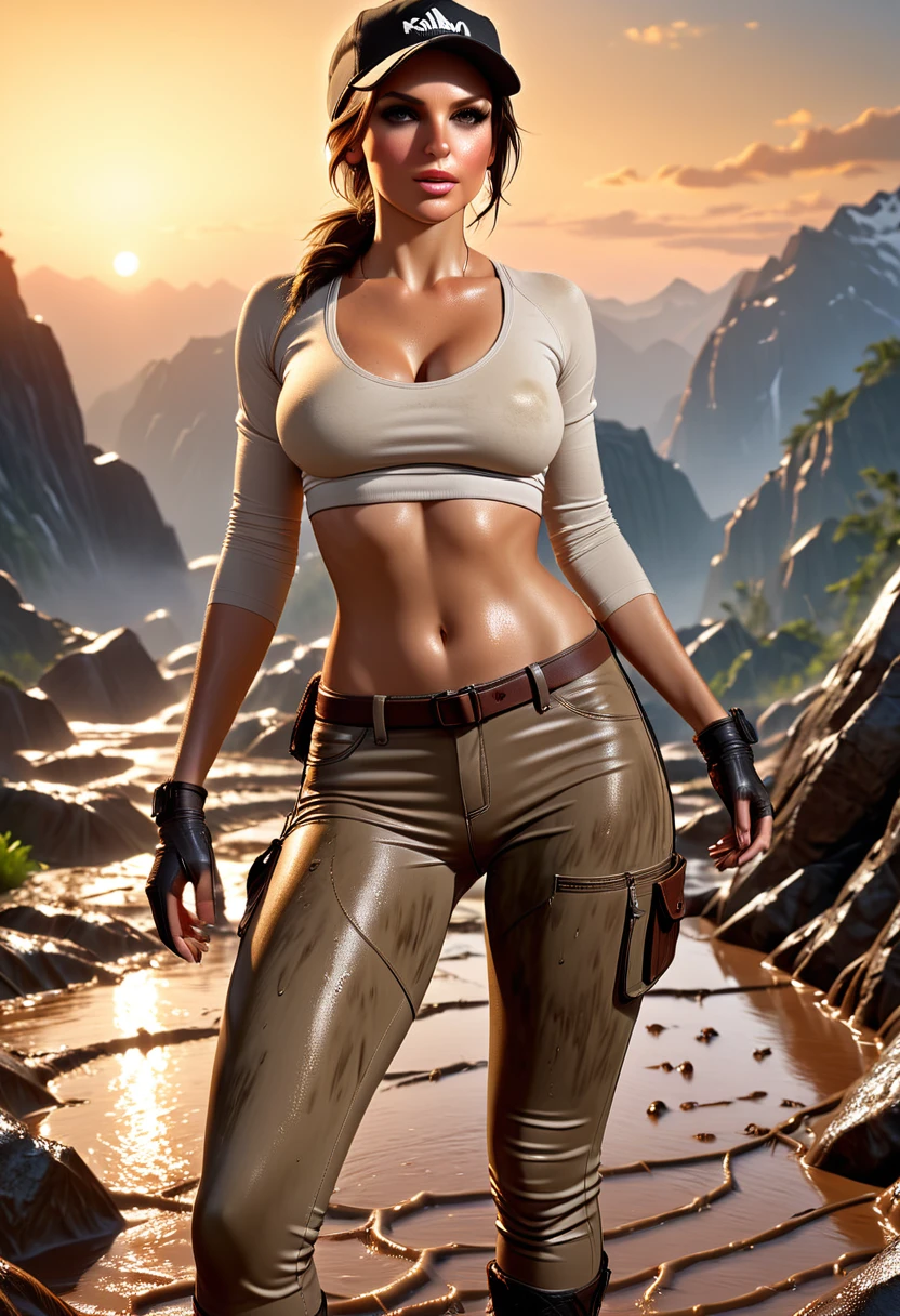 (Lara Croft, Slim sexy body girl, long legs), hiking boots, (covered of mud washed-out beige dirty long tight jeggings:1.5), (open khaki military long sleeves jacket), (tight white top with cleavage and nipples), (baseball cap), (leather gloves). (small red round sunglasses) (spreading legs wide showing crotch:1.5). Perfect body, perfect hair, perfect breast, perfect ass. blurry foreground, UHD, retina, masterpiece, accurate, anatomically correct, textured skin, super detail, high details, high quality, award winning, best quality, highres, 16k, 8k, sunset light.