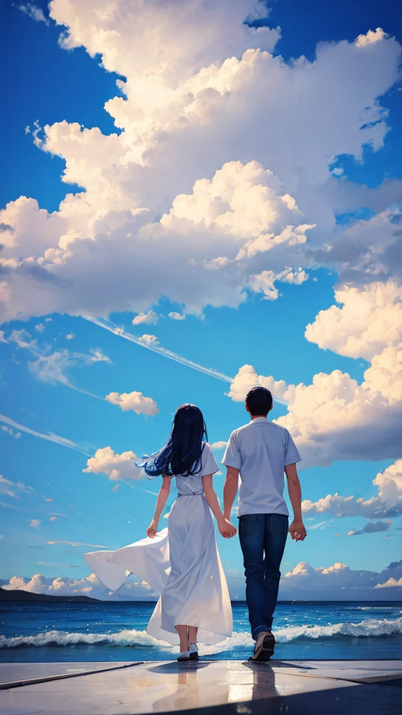 The main theme is the blue sky with white clouds floating in it.　Back view of a man and woman holding hands　Casual clothing　An illustration
