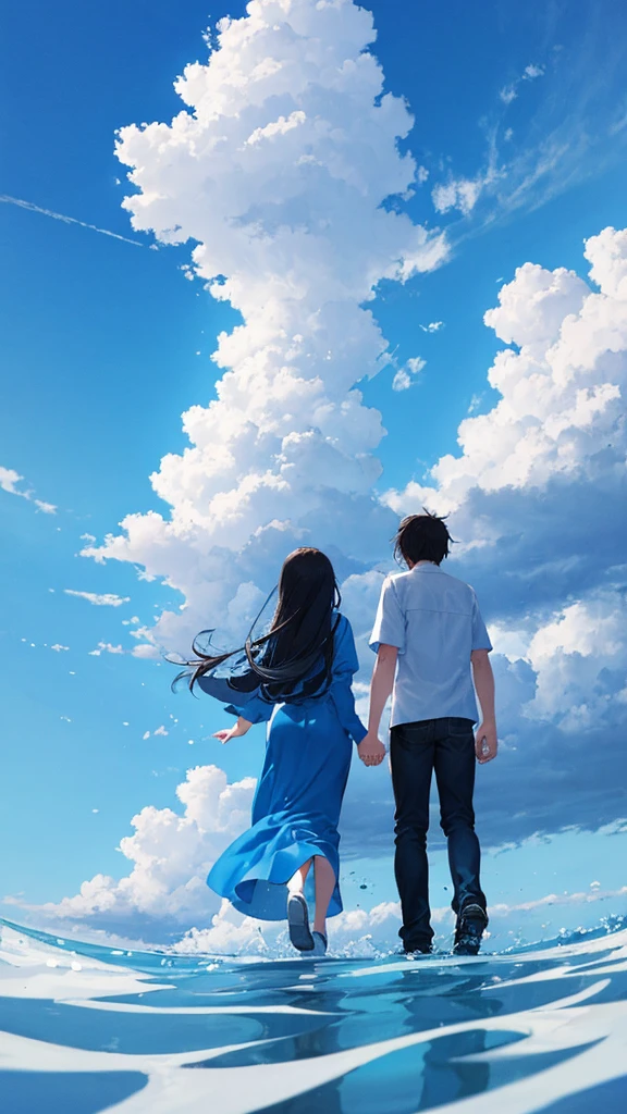 The main theme is the blue sky with white clouds floating in it. Back view of a man and woman holding hands Casual clothing An illustration