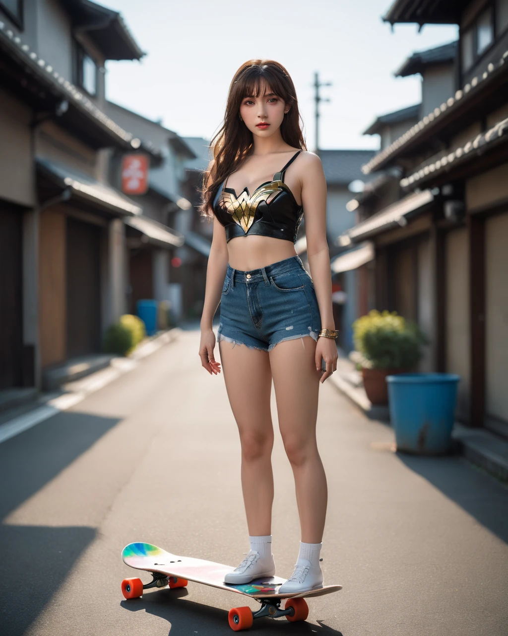 ultra wide angle shot,cinematic style,8k,RAW photo,photo-realistic,masterpiece,best quality,highres,extremely detailed,intricate details,absurdres resolution,High quality texture,detailed texture,vivid color,professional lighting,radiosity,photon mapping,physically-based rendering,High quality shadow,Ray tracing,perfect body,perfect face,Sony A7,extremely beautiful face,extremely beautiful eyes,1girl,(underboob:1.2),outdoors,street in japan,(loose socks:1.1),bangs,medium brown hair,full body,standing,footwear,(light smile:0.8),(gothic makeup:1.3),(dynamic pose:0.6),medium long brown hair, Highly detailed facial and skin texture、A detailed eye、double eyelid、Sweaty、A sexy, street style, colorful, hand holding skateboard, posing (confident), wonder woman pose