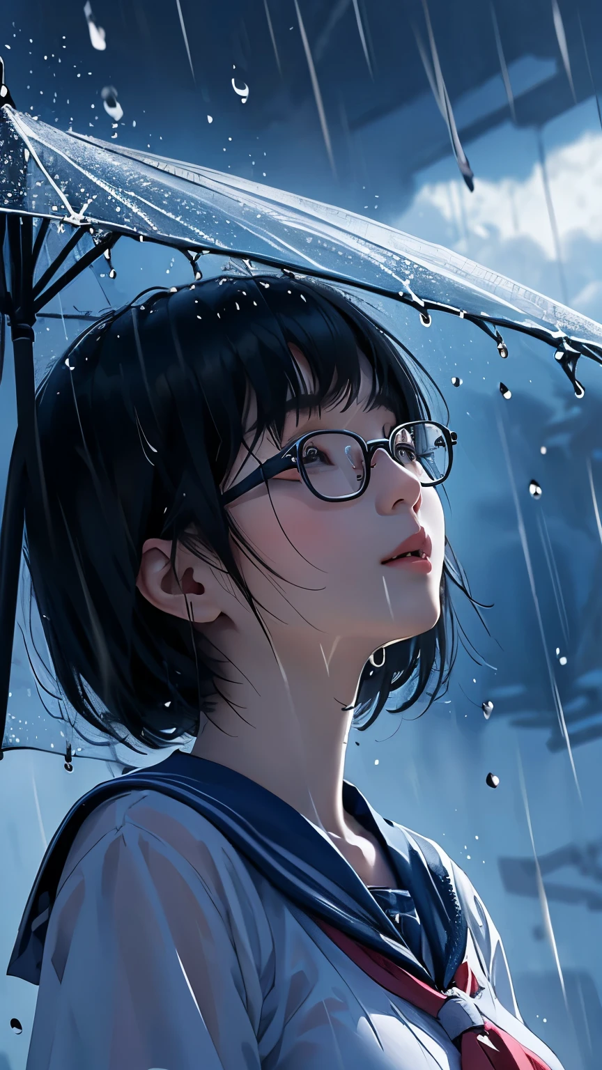 Master Painting、Optimal quality、downpour、woman、Short black hair、Looking up at the sky、Upper Body、Sailor suit、Large Breasts、Asian、high school girl、Eaves、Rain-soaked hair、Glasses