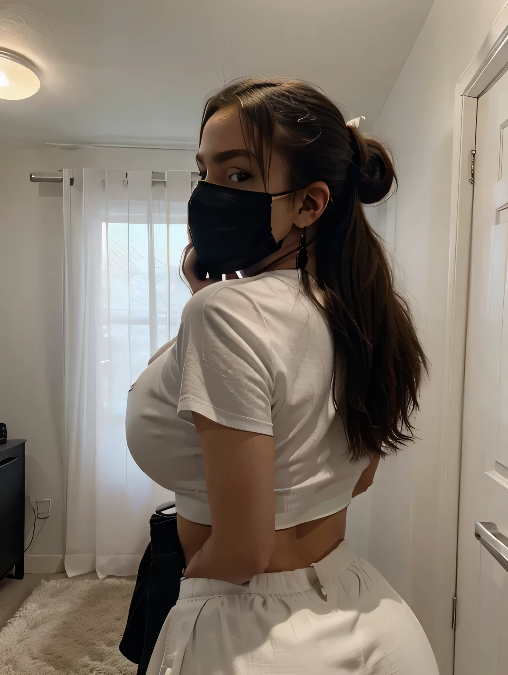 Pretty Shy Young Woman with hair in a bun with Huge big tits and ass In black skirt with a white crop top in the bedroom Takes a selfi Hiding her face with the phone