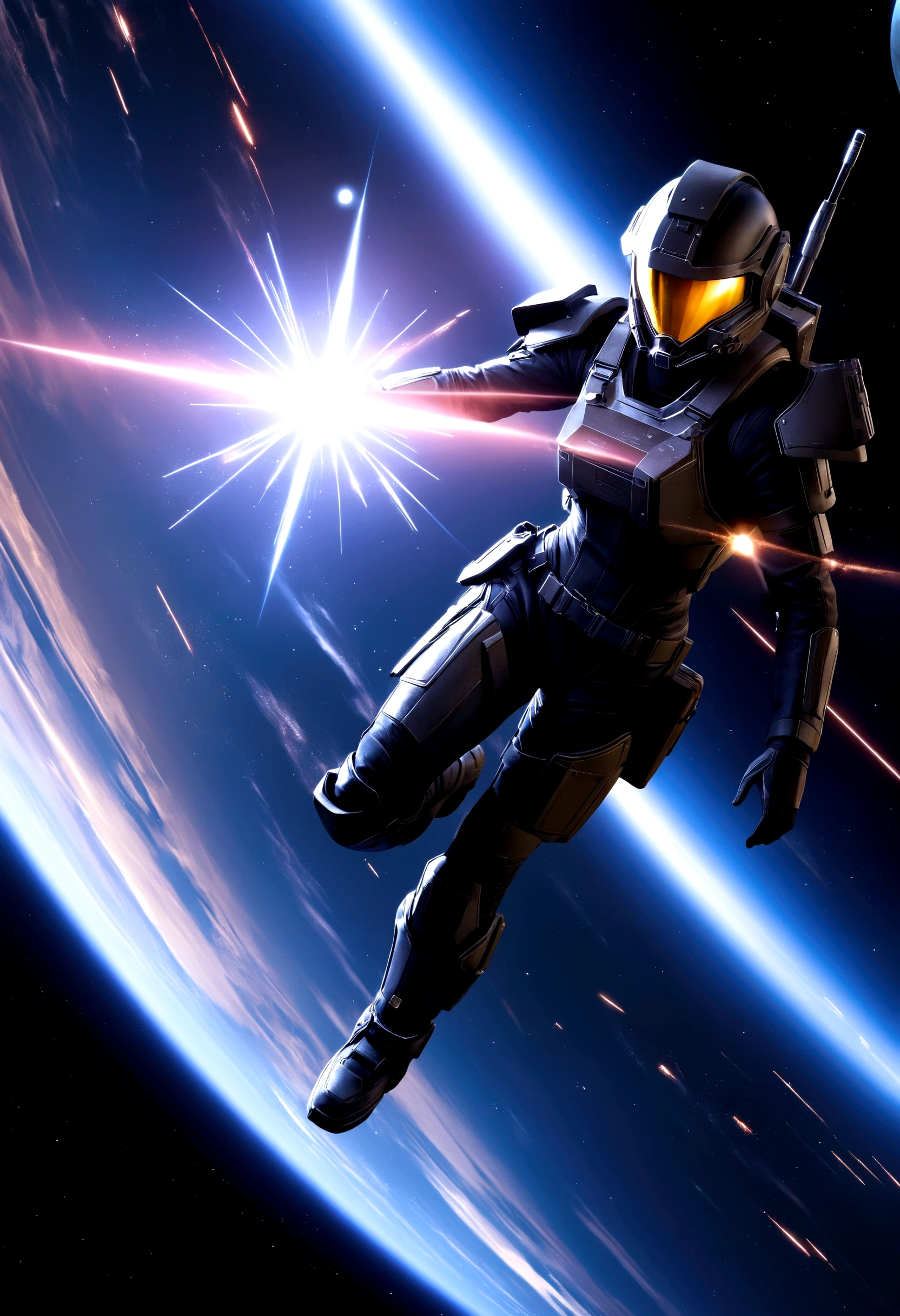 ((Masterpiece in maximum 16K resolution):1.6),((soft_color_photograpy:)1.5), ((Ultra-Detailed):1.4),((Movie-like still images and dynamic angles):1.3), ((motion blur):1.1) | (Cinematic view photo of a battle ground in a moon), ((Female space soldier):1.3), (alien planet), (cinematic lens), ((tyndall effect):1.1), (star light), (smoke), (battle ground), ((futuristic space weapons):1.2), ((shooting at something):1.2), (Night at alien planet), (sense of battle), (shimmer), (visual experience), (Realism), (Realistic), award-winning graphics, dark shot, film grain, extremely detailed, Digital Art, rtx, Unreal Engine, scene concept anti glare effect, All captured with sharp focus. | Rendered in ultra-high definition with UHD and retina quality, this masterpiece ensures anatomical correctness and textured skin with super detail. With a focus on high quality and accuracy, this award-winning portrayal captures every nuance in stunning 16k resolution, immersing viewers in its lifelike depiction. Avoid extreme angles or exaggerated expressions to maintain realism. | ((perfect_composition, perfect_design, perfect_layout, perfect_detail, ultra_detailed)), ((enhance_all, fix_everything)), More Detail, Enhance.
