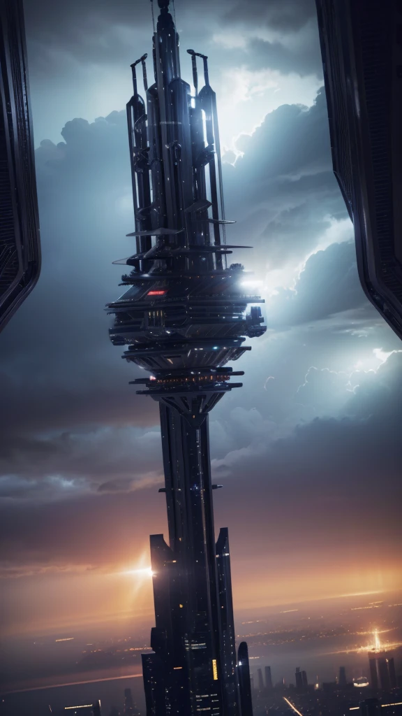 a giant spaceship over a city, extremely detailed, cinematic lighting, 8k, hyperrealistic, concept art, dramatic atmosphere, futuristic, chiaroscuro lighting, moody colors, dramatic shadows, highly detailed clouds and cityscape, intricate mechanical details, advanced technology