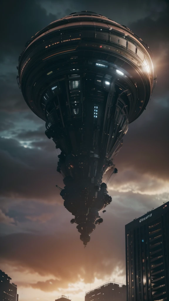 a giant spaceship over a city, extremely detailed, cinematic lighting, 8k, hyperrealistic, concept art, dramatic atmosphere, futuristic, chiaroscuro lighting, moody colors, dramatic shadows, highly detailed clouds and cityscape, intricate mechanical details, advanced technology