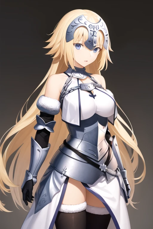 bbjd, long hair, headpiece, bare shoulders, armor, armored dress, white dress, fur trim, gauntlets, black thighhighs