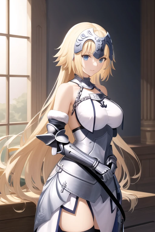 bbjd, long hair, headpiece, bare shoulders, armor, armored dress, white dress, fur trim, gauntlets, black thighhighs