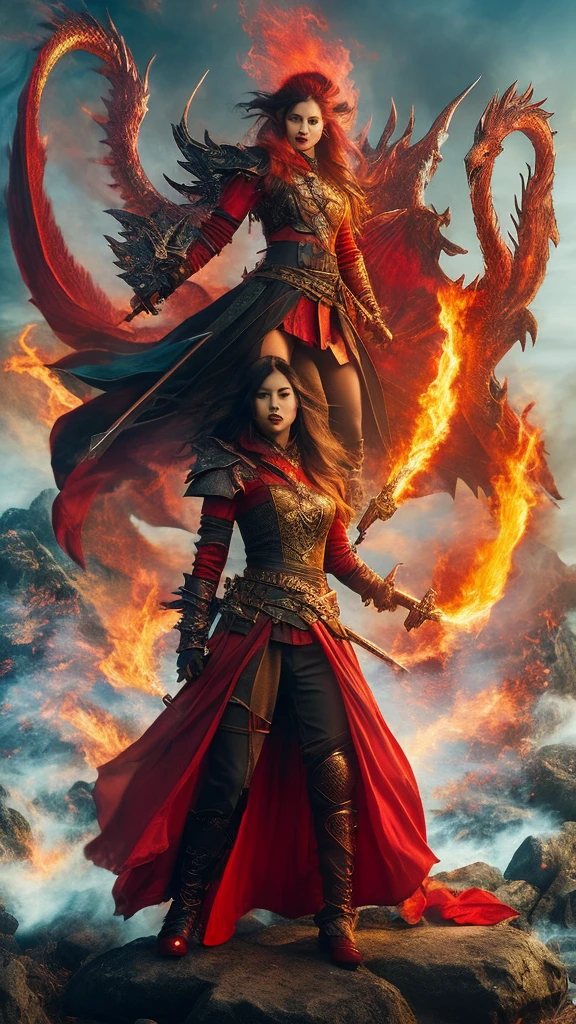 realistic photo of a woman, Asian face, fantasy warrior clothes, red, black, gloves, red shoes, long hair, wind blowing effect, fighting a large dragon monster, an orc with a flaming sword in her right hand, bright red and full lips. fire, flmngprsn, hand, holding, standing on island rock, stick medieval old style fashion front facing colored fire effect smoke background in sea of fire effects and realistic sparks masterpice ultra hd visible full body.