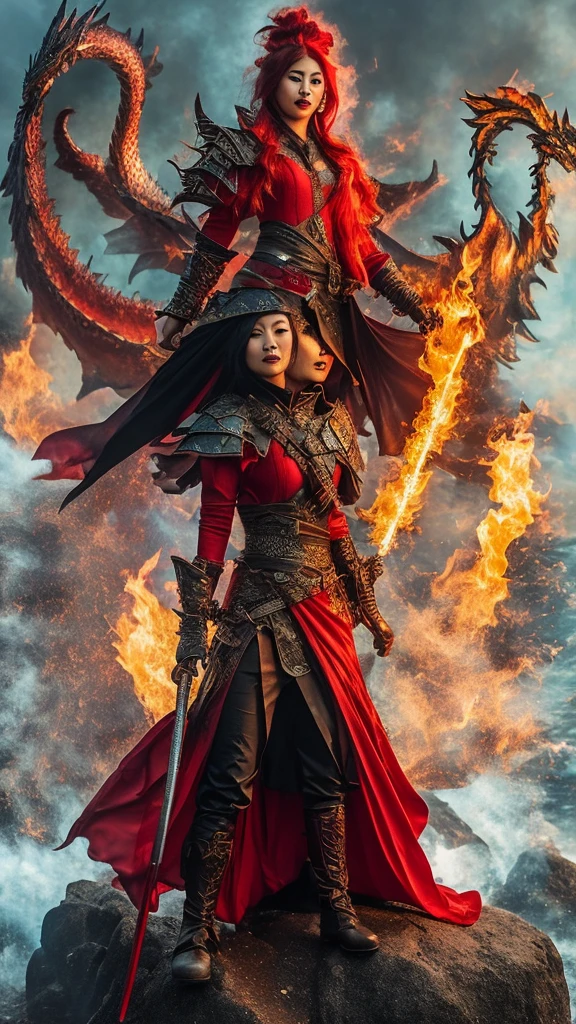realistic photo of a woman, Asian face, fantasy warrior clothes, red, black, gloves, red shoes, long hair, wind blowing effect, fighting a large dragon monster, an orc with a flaming sword in her right hand, bright red and full lips. fire, flmngprsn, hand, holding, standing on island rock, stick medieval old style fashion front facing colored fire effect smoke background in sea of fire effects and realistic sparks masterpice ultra hd visible full body.