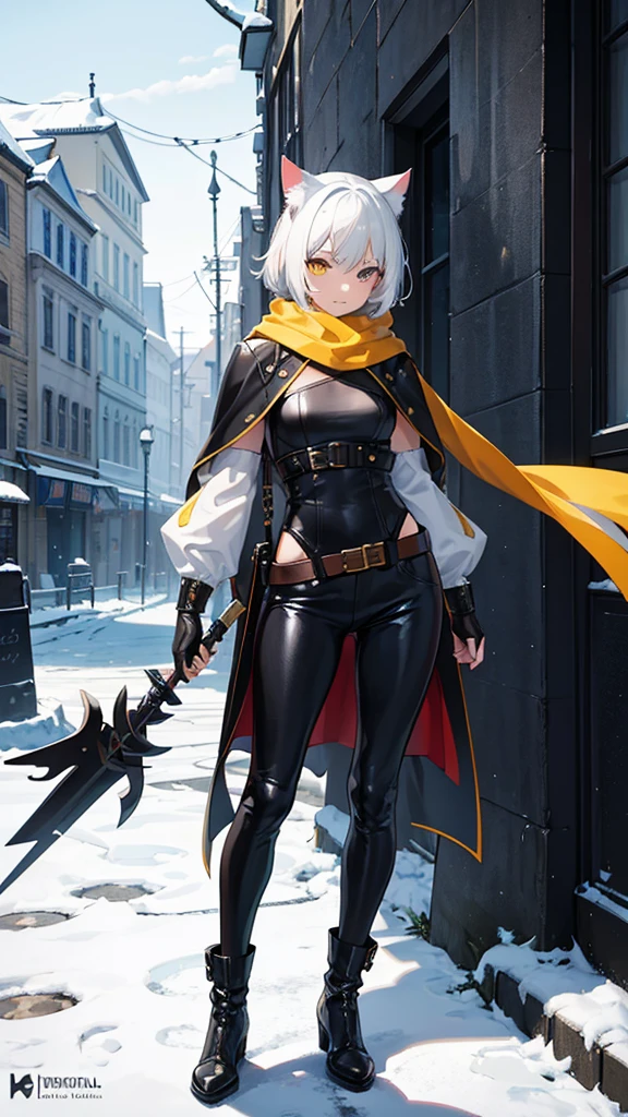work of art, best qualityer, high resolution, 1 girl, synonym 1, scarf, short hair, mitts, ninja mask, long sleeves, leather pants, White hair, Cat's ears, cat tail, roupas de rogue, leather pants, holding, holding faca, heterochromia, yellow eye, blue eye, 14 eyes old, hooded cloak, rogue rpg, rpg, ninja, ruins, medioval