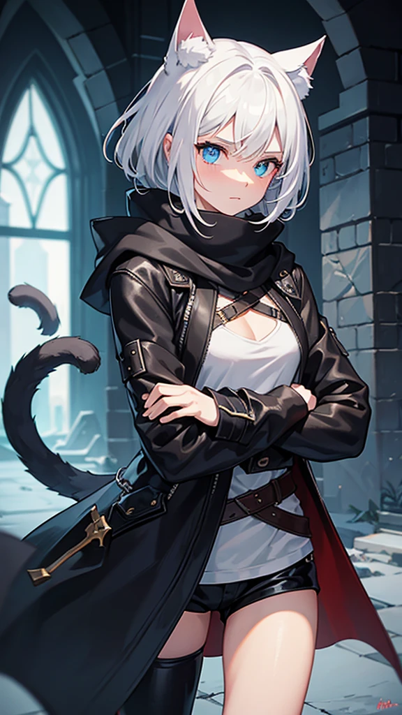 work of art, best qualityer, high resolution, 1 girl, synonym 1, scarf, short hair, mitts, ninja mask, long sleeves, leather pants, White hair, Cat's ears, cat tail, roupas de rogue, leather pants, holding, holding faca, heterochromia, yellow eye, blue eye, 14 eyes old, hooded cloak, rogue rpg, rpg, ninja, ruins, medioval