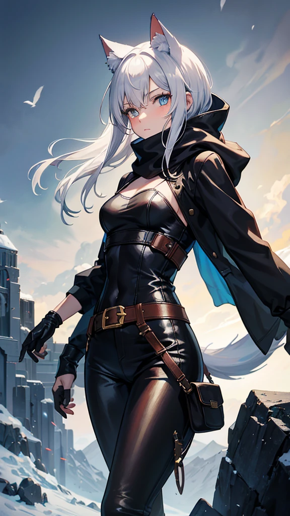 work of art, best qualityer, high resolution, 1 girl, synonym 1, scarf, short hair, mitts, ninja mask, long sleeves, leather pants, White hair, Cat's ears, cat tail, roupas de rogue, leather pants, holding, holding faca, heterochromia, yellow eye, blue eye, 14 eyes old, hooded cloak, rogue rpg, rpg, ninja, ruins, medioval