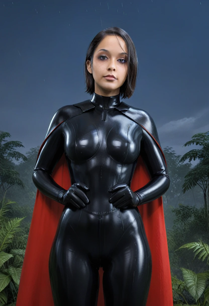 zPDXL, source_anime, BREAK Trilla, helmet with red visor, cape, armor,black gloves,tight bodysuit,black cape,black pants, BREAK close-up, solo, standing, front view, medium breasts, hands on hips, wide hips, BREAK x3dce, 3d, jungle background, dense vegetation, rain, night, night sky,