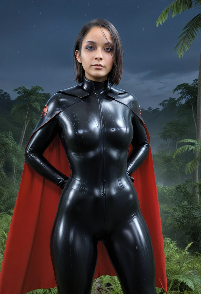 zPDXL, source_anime, BREAK Trilla, helmet with red visor, cape, armor,black gloves,tight ????????,black cape,black pants, BREAK close-up, solo, standing, front view, ??????????????, hands on ????, wide ????, BREAK x3dce, 3d, jungle background, dense vegetation, rain, night, night sky,
