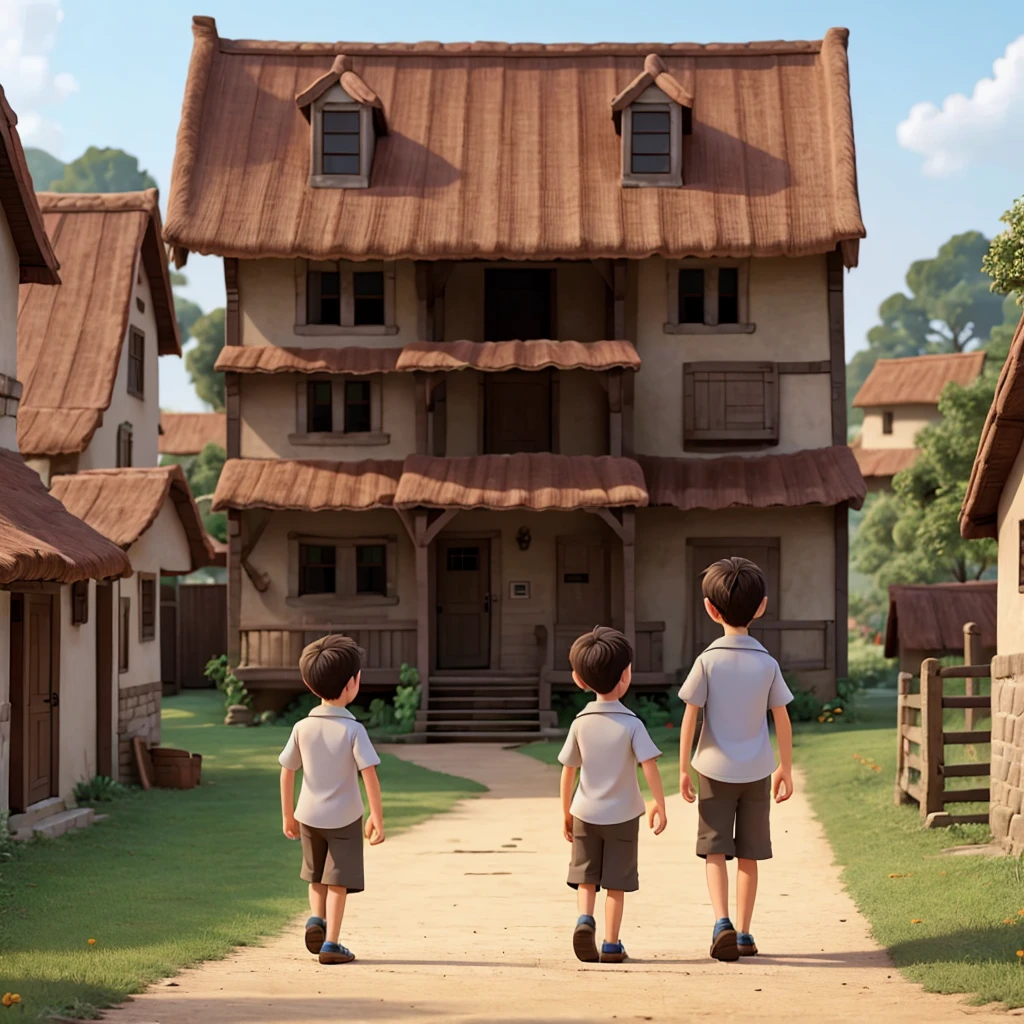 Two adult boy friends walk in village