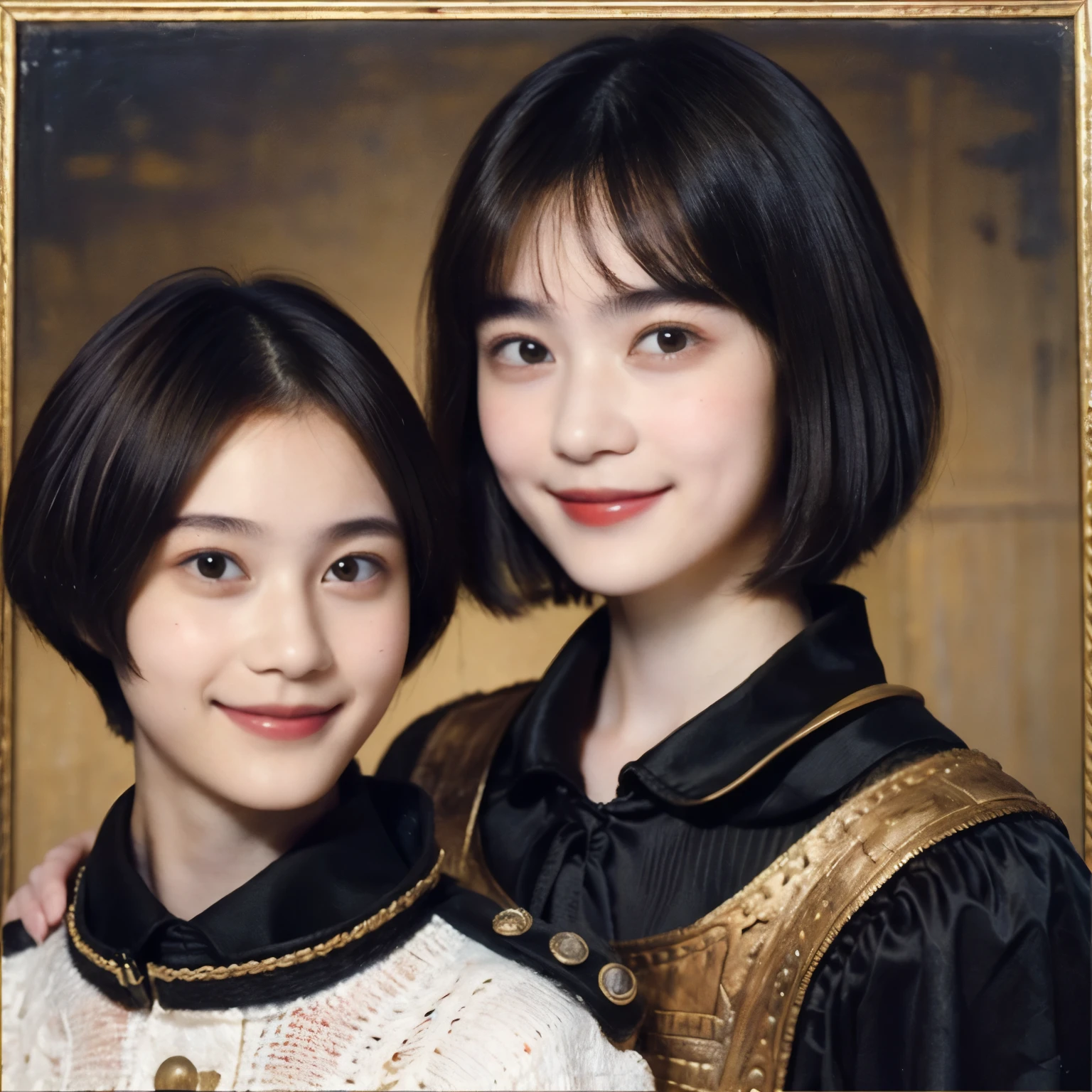 252 (An 18-year-old female and an 18-year-old male), (short hair),kind, lipstick, (Rembrandt-style painting), smile