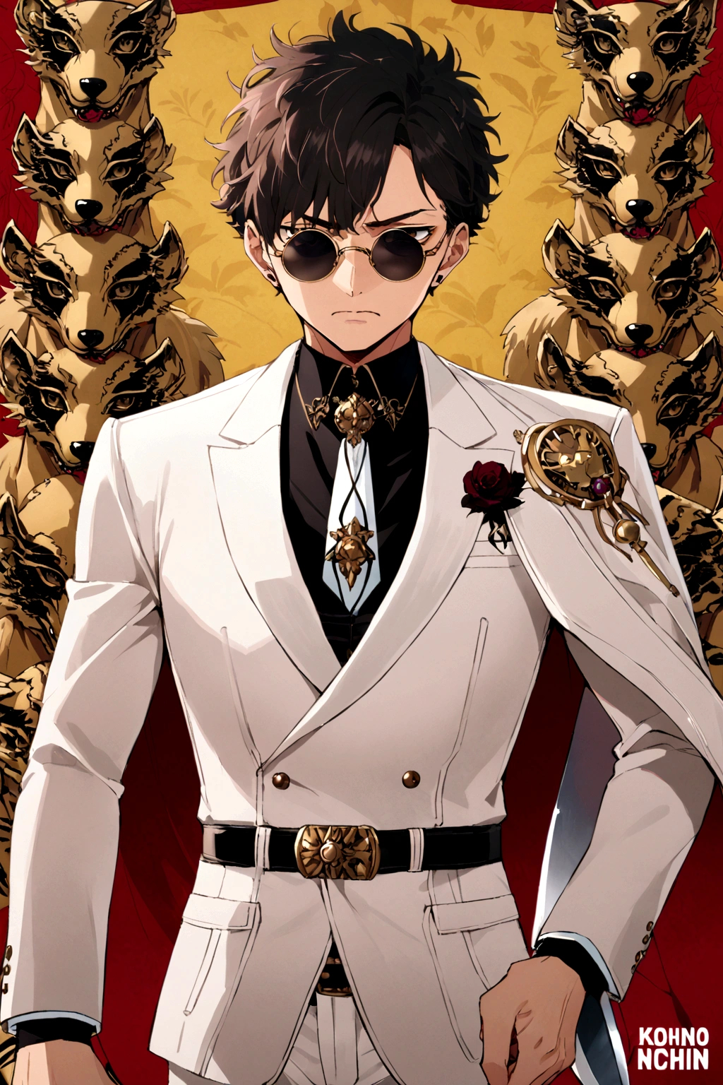 Kyotaro Ichikawa (My friend and I), defined body, very serious expression, round sunglasses, An open white suit jacket with black details on the shoulders., a black shirt under the suit with a skinny tie that has a gold brooch with a wolf figure. his belt, It has a large, decorative buckle, white dress pants, blood stained clothes, elegant clothes, holding a knife with a golden handle. Alone, yellow background 