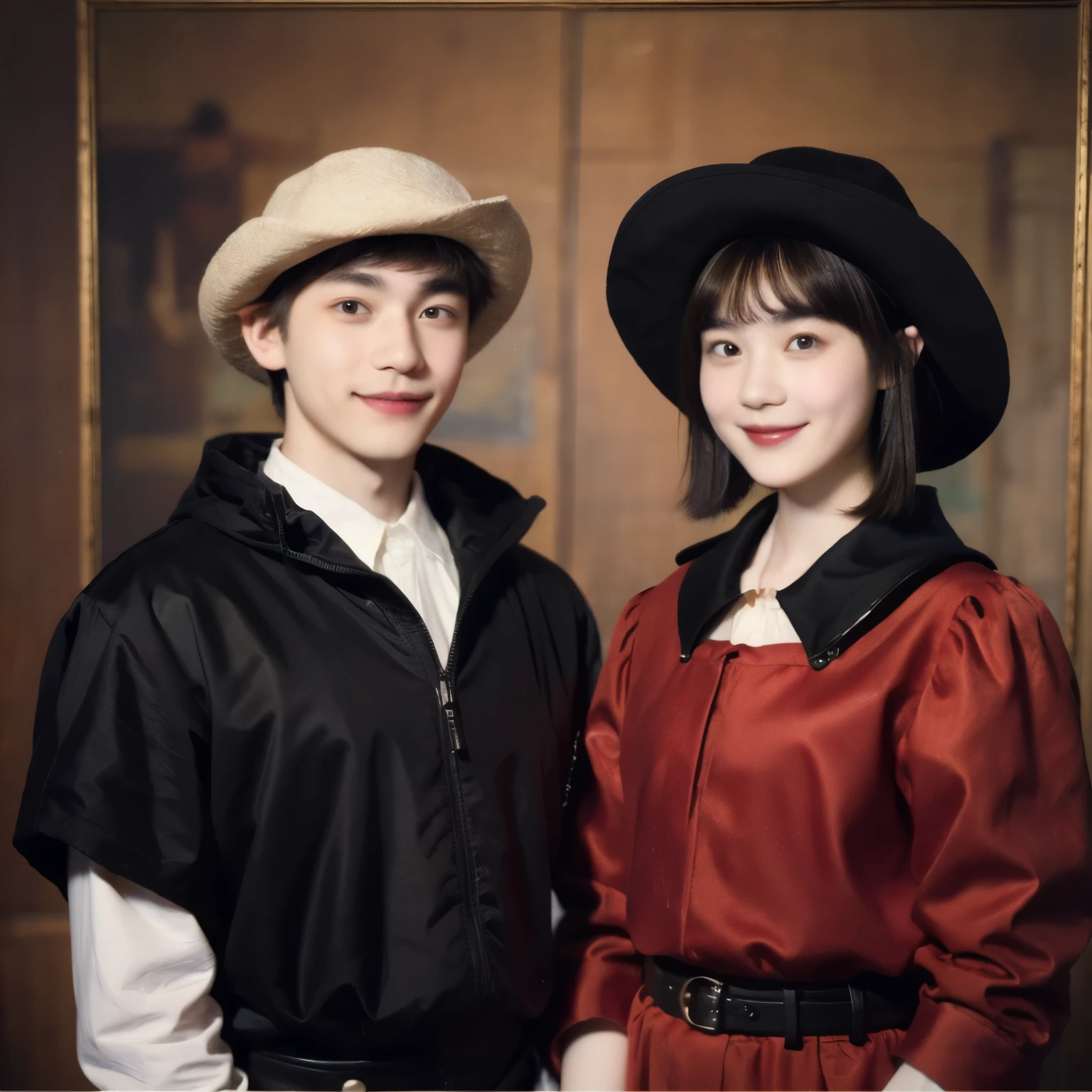 252 (An 18-year-old female and an 18-year-old male), (short hair),kind, lipstick, (Rembrandt-style painting), smile