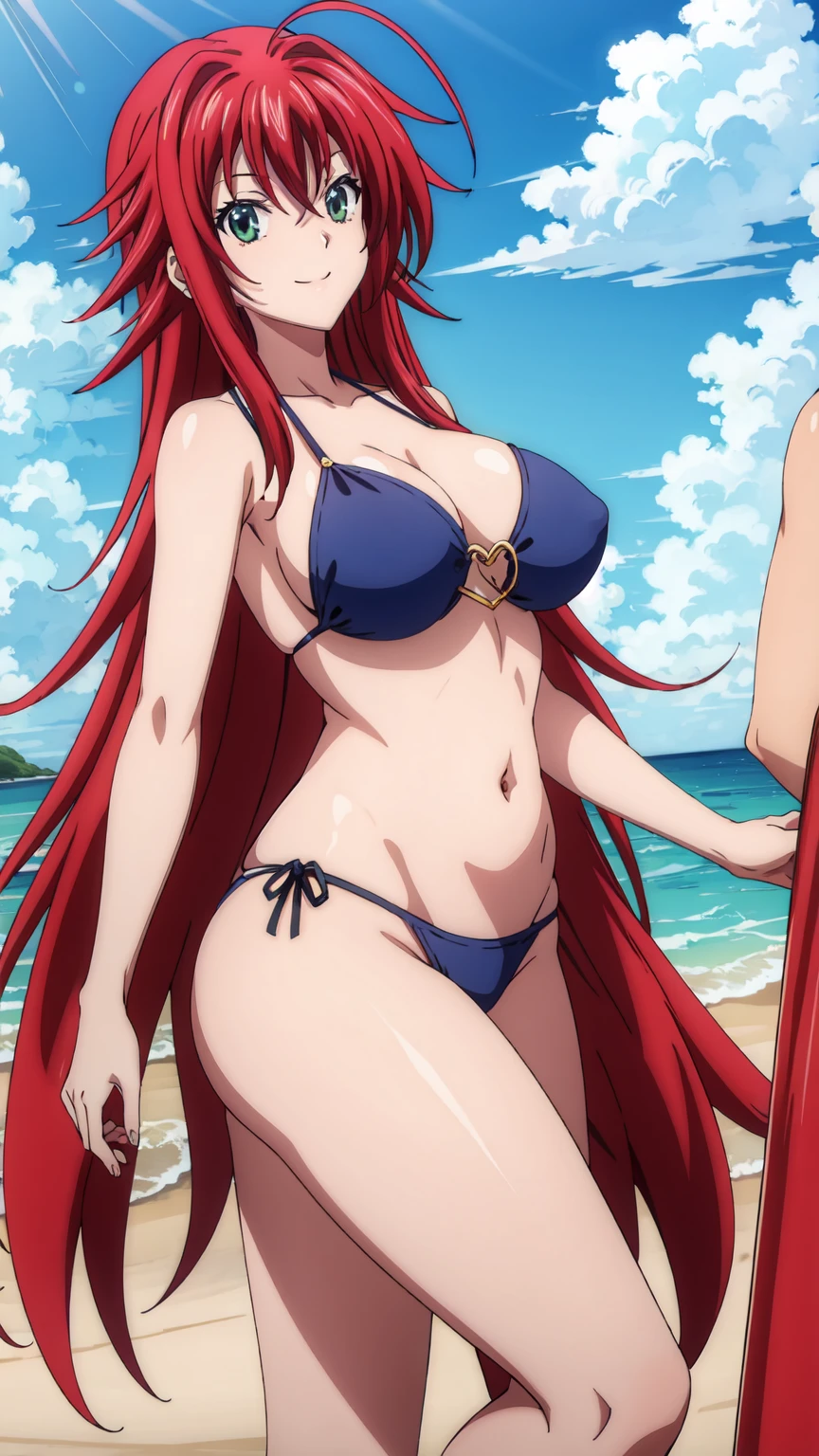 eft_dxd_rias, 1girl, rias gremory, long hair, solo, ahoge, red hair, breasts, hair between eyes, very long hair, large breasts, green eyes,Smiling, looking at the viewer, blue theme, blue background, cloudy sky, sunlight, sweat, orgasmic, bikini swimsuit, large breasts, cleavage, belly button exposed, collarbone, thighs, sea and beach,