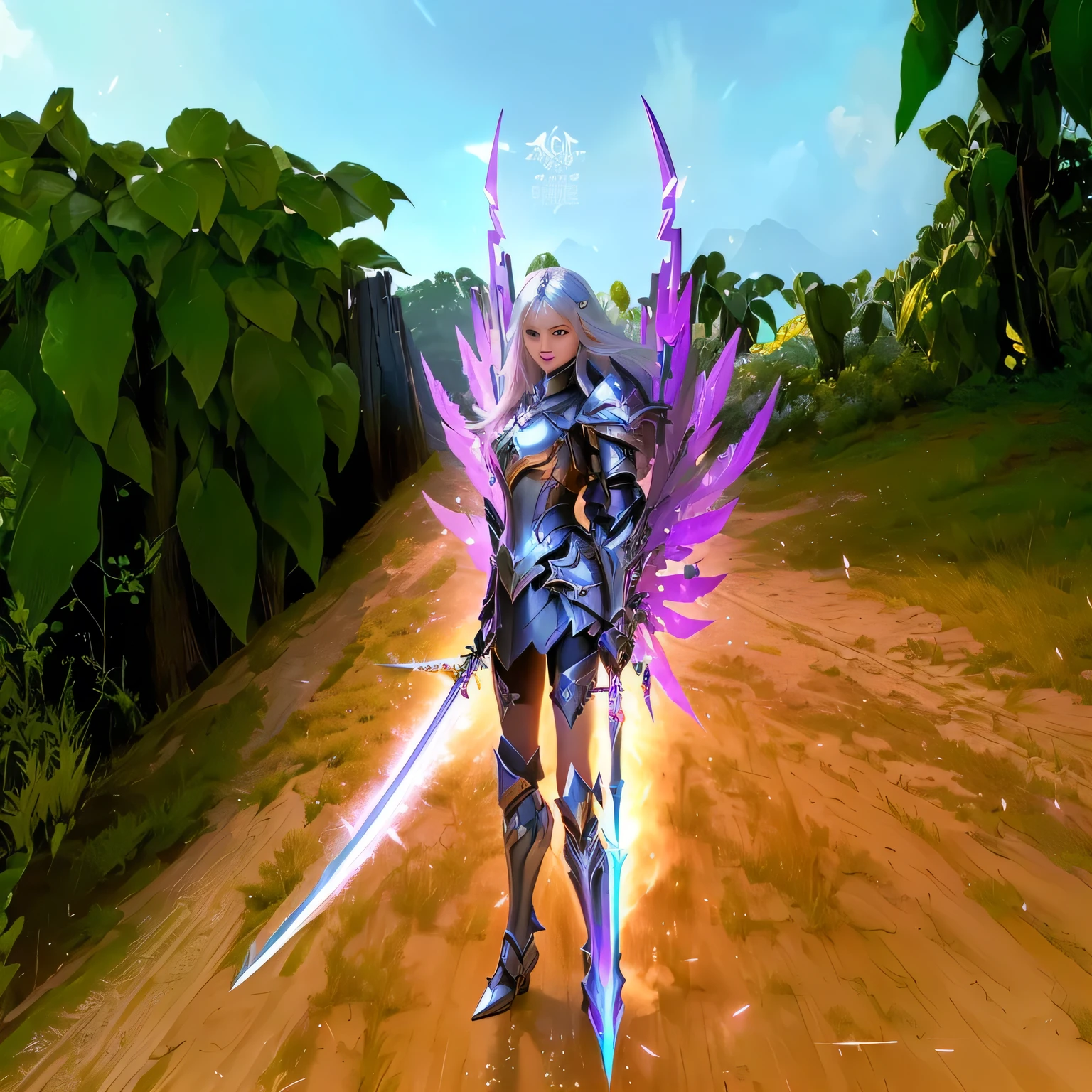 a close up of a person with a sword in a field, sharp silver armor fuchsia skin, aion, clothed in ethereal battle armor, epic paladin armor, ingame image, sliver ice color reflected armor, wearing thunder armor, black fire color reflected armor, from lineage 2, winged archer, fuchsia skin below the armor