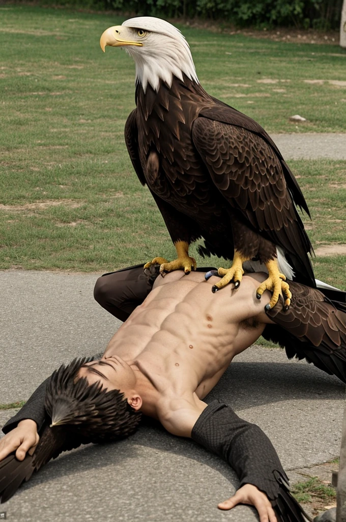generates an animated image of an eagle with a humanoid body taking a seat on the face of a 20-year-old boy who is lying on the ground for fun, The eagle farts green in the boy's face