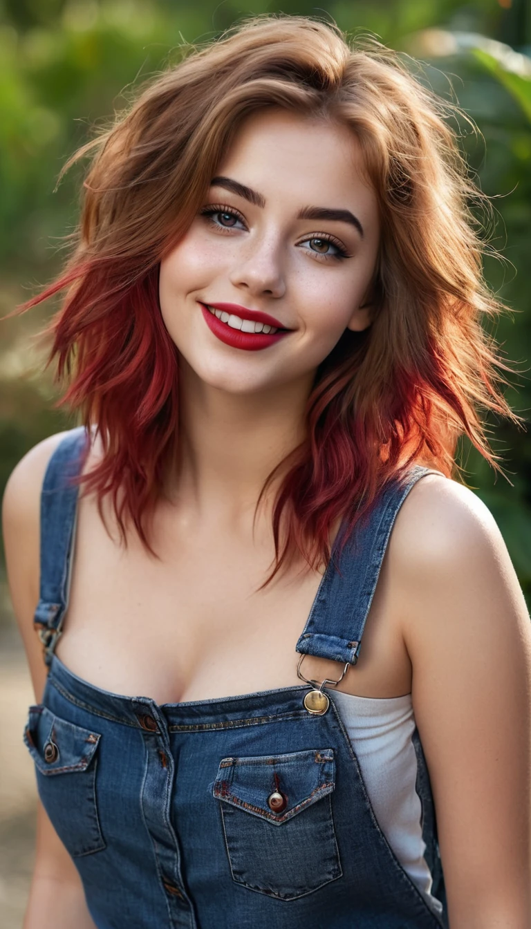 ultrarealistic high quality full body photo of a beautiful super busty slim european 19-year-old woman with cute hyperdetailed shy face and redhead shoulder length messy hair and shy smile, realistic round black eyes, red lips, dark eye makeup with eyeliner, sleeveless shirt and denim pants, hourglass body, tanned, outdoor photography