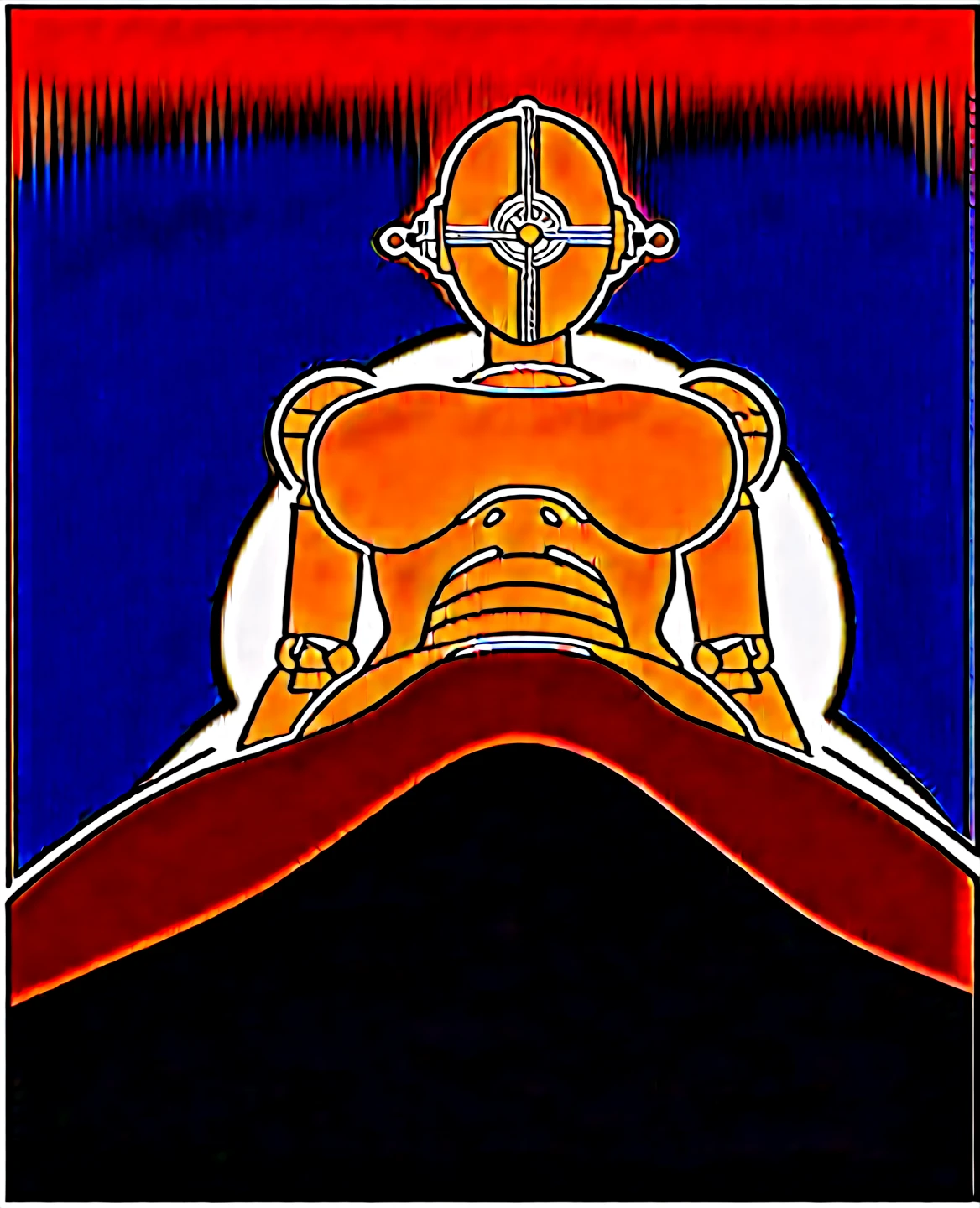 score_9, score_8_up, score_7_up, score_6_up, score_5_up, source_furry, assaultron, fallout, 1girl, solo, large breasts, looking down at viewer, robot, humanoid robot, robot joints, one-eyed, joints, no humans, red skin, mechanical arms, crotch plate, science fiction, post-apocalypse, outside, red armor, robotic hand, 5 fingers, full figure, large breasts, thick thighs, white fishnet and garter belt, black bowtie, white collar, white wristcuffs, looking down between thighs, viewer looking up, sitting down, legs spread