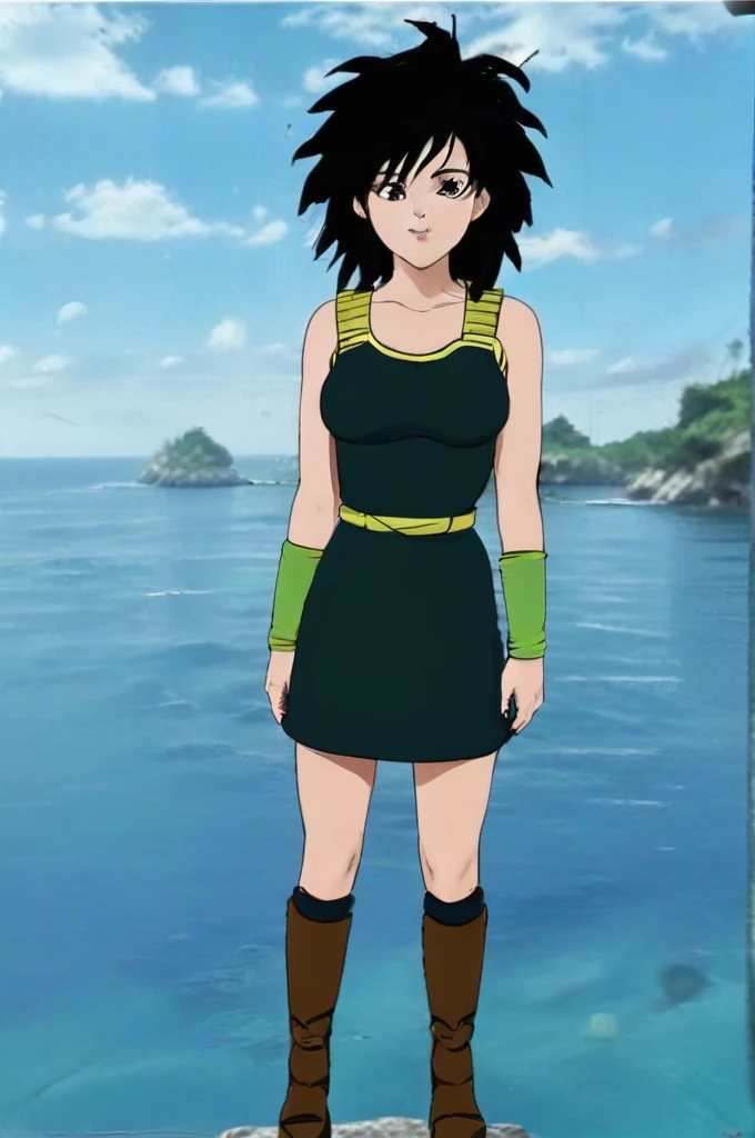 source_anime, score_9,score_8_up, score_7_up, ginedb, anime screencap,
1girl, solo, breasts, looking at viewer, smile, black hair, bare shoulders, medium breasts, closed mouth, standing, full body, black pantyhose, boots, outdoors, sky, day, cloud, water, blurry, black eyes, blue sky, bare arms, depth of field, blurry background, happy, cloudy sky, spiked hair, pink wristband, arm at side, rock, arms at sides, horizon, monkey tail, saiyan armor, green skirt, eyebrows, eyelashes, green saiyan armor, collarbone