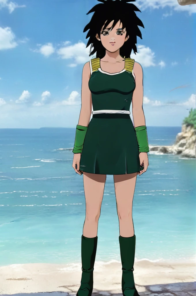 source_anime, score_9,score_8_up, score_7_up, ginedb, anime screencap,
1girl, solo, breasts, looking at viewer, smile, black hair, bare shoulders, medium breasts, closed mouth, standing, full body, black pantyhose, boots, outdoors, sky, day, cloud, water, blurry, black eyes, blue sky, bare arms, depth of field, blurry background, happy, cloudy sky, spiked hair, pink wristband, arm at side, rock, arms at sides, horizon, monkey tail, saiyan armor, green skirt, eyebrows, eyelashes, green saiyan armor, collarbone