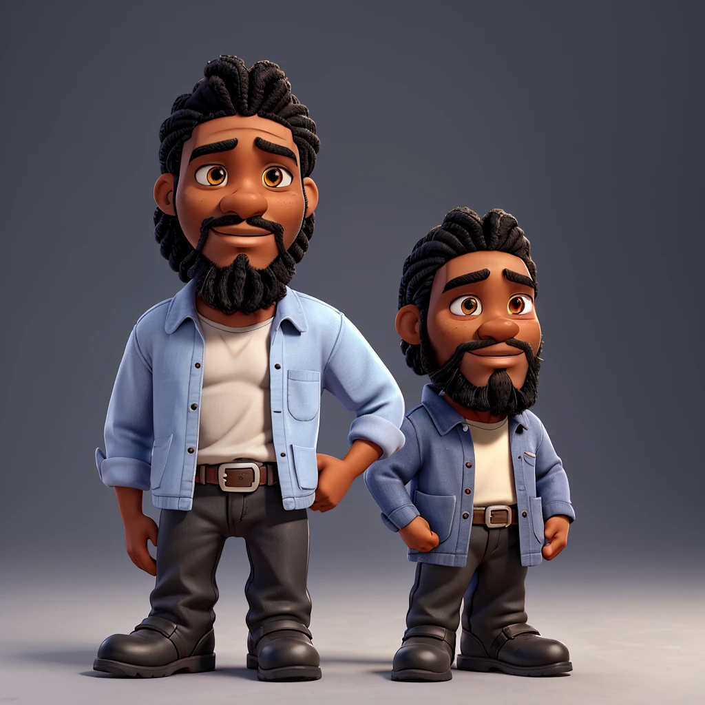 Pixar style 3D drawing, of a black man, braided straight hair, black beard, tired eyes finger positive. gray electrician uniform, black boots,