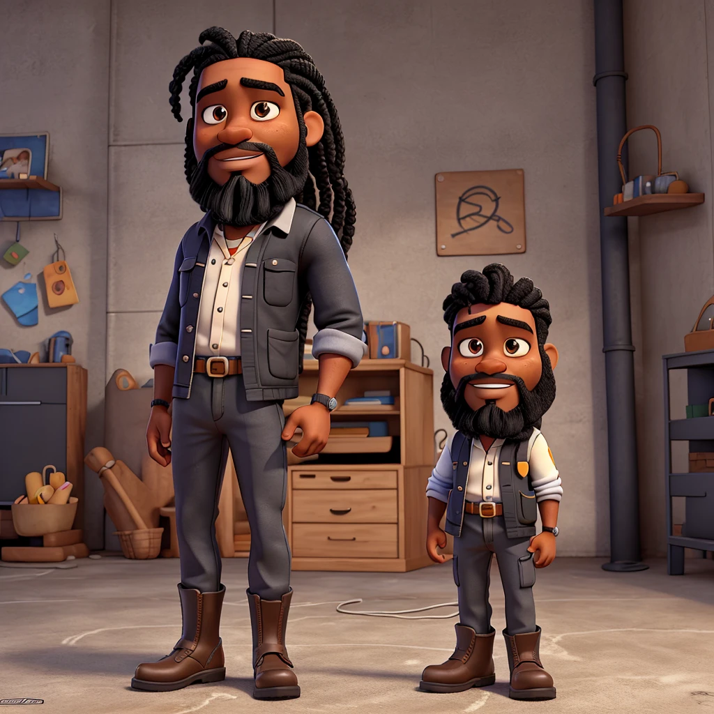 Pixar style 3D drawing, of a black man, braided straight hair, black beard, tired eyes   finger positive.  gray electrician uniform, black boots,