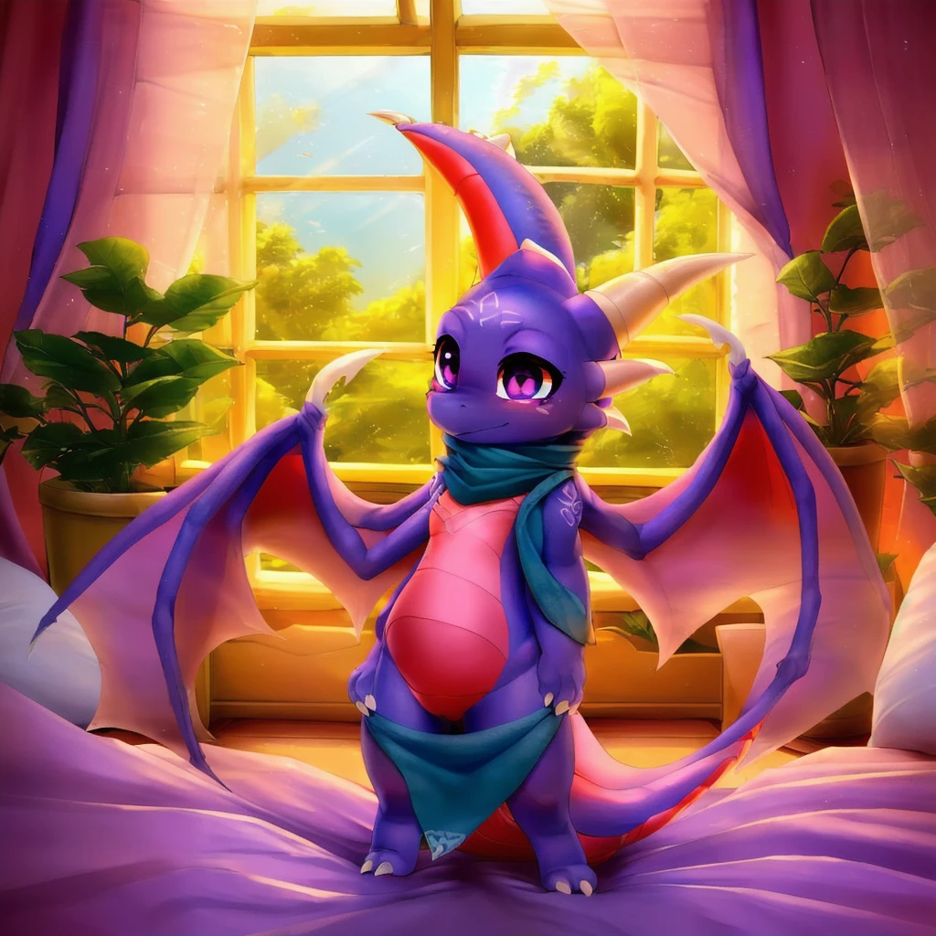 (by Ricegnat, by Bebebebebe, by Prrrrrrmine, by Dagasi), (dragon spyro, chibi, wings, blue scarf:1.3), (purple body, purple eyes, round eyes, o face, white claws:1.25), BREAK, (bedsheet, bedroom, inside, plant, window:1.25), detailed background, depth of field, shadow, sunlight, ambient silhouette, backlighting, masterpiece, best quality, ultra realistic, 4k, 2k, (high detail:1.25)