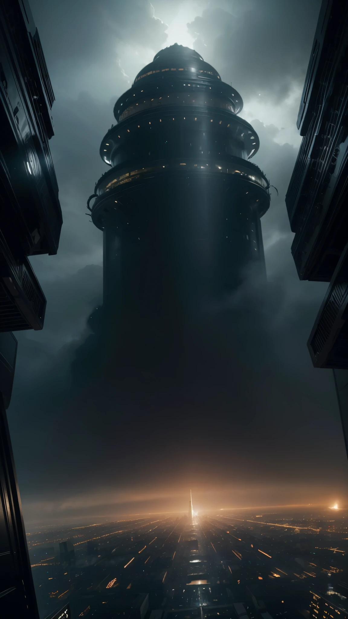 a giant spaceship over a city, extremely detailed, cinematic lighting, 8k, hyperrealistic, concept art, dramatic atmosphere, futuristic, chiaroscuro lighting, moody colors, dramatic shadows, highly detailed clouds and cityscape, intricate mechanical details, advanced technology