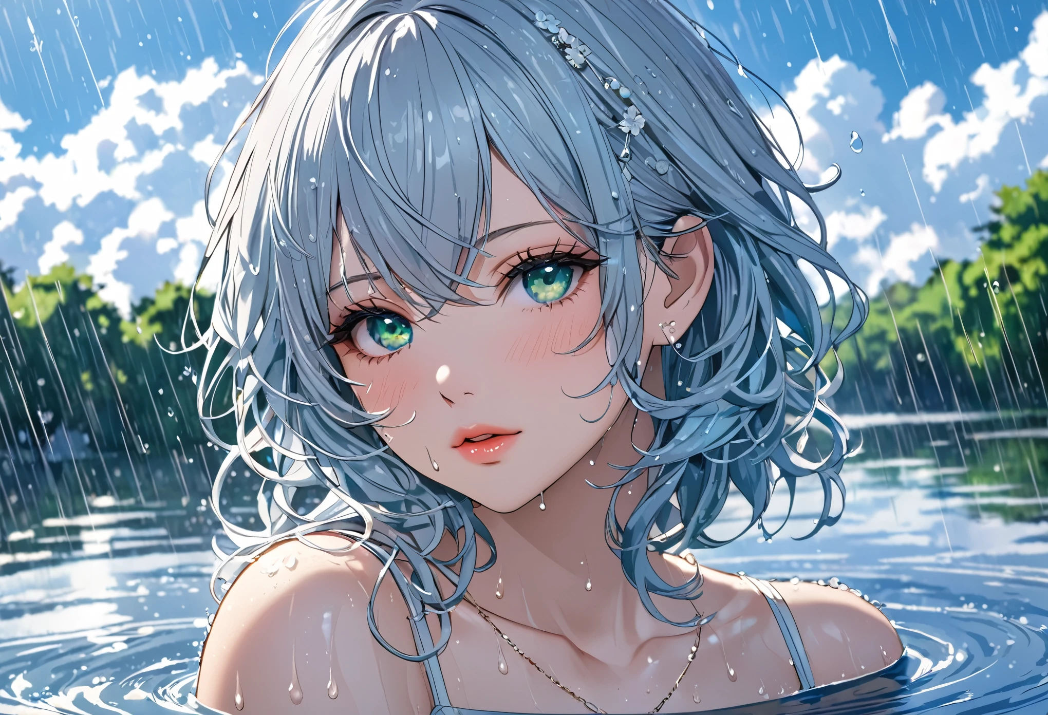 (best quality, 16K, masterpiece :1.3), pretty Woman, 1 girl, (Large Breasts, Beautiful clavicle, Attractive figure :1.2), short hair, Wavy ends, Silver hair gradient light blue hair, messy hair, side chain, (wet from rain, get wet by rain, wet :1.2), Sky blue gradient lake green eyes, Look up, students shine, Students reflect on their surroundings, super detailed face, delicate lips, exquisite eyes, double eyelids, long upper eyelashes,