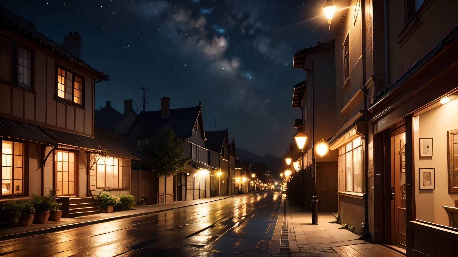 Quiet street at night。Illuminated by the soft, weak light of the street lamps。The building is attractive、A faint warm light shines through some of the windows.。The cobblestone road is wet from the recent rain.、It reflects weak light and creates a quiet atmosphere.。There are several trees along the street、The leaves are rustling in the night breeze。The sky is dark and clear、The stars are shining。The whole scene is peaceful and quiet.、It creates an attractive atmosphere。