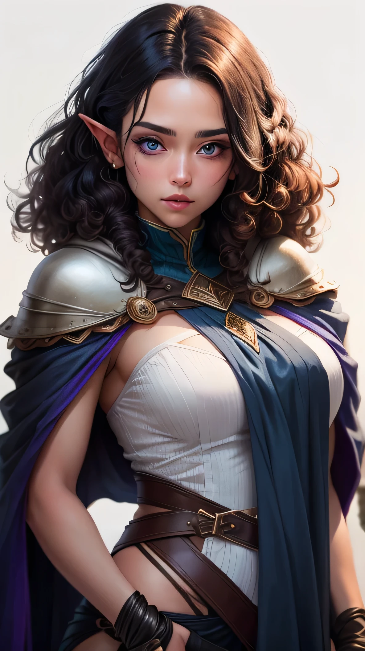 elf  woman, with large, violet-blue eyes, light copper skin, black, curly hair below the shoulder, light clothes under a dark cloak. White background.