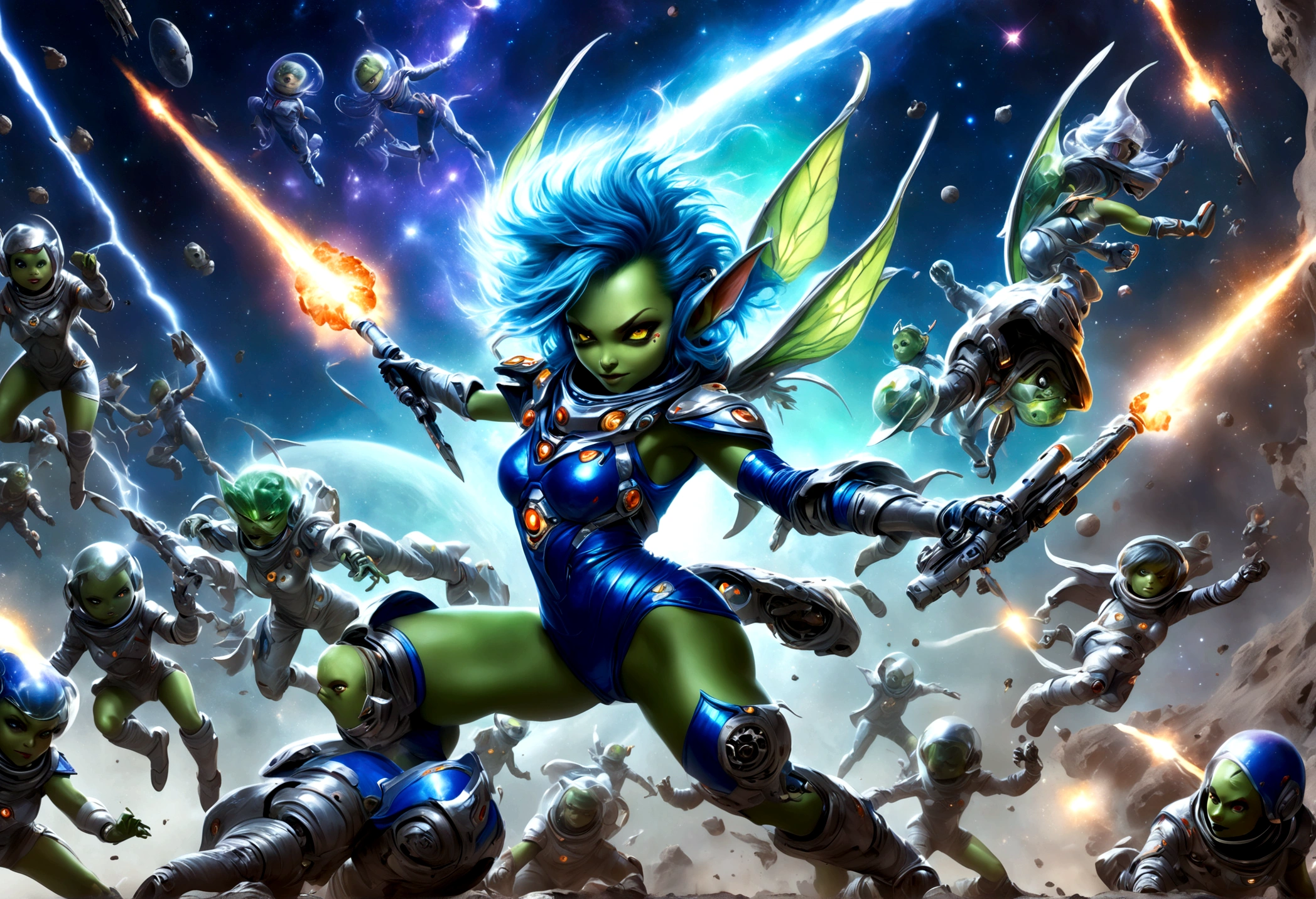A battle is happening in space. Space fairies (cute women in sparkly blue sexy outfits that leave sparkling magic trails) are shooting lightning at space goblins (hot ugly women, green skin, a little chunky, big tits, wide hips, scrap metal space suits, scrap metal ships, scrap metal weapons, skull insignias) the goblins and fairies are having a epic space battle, magical fight in space