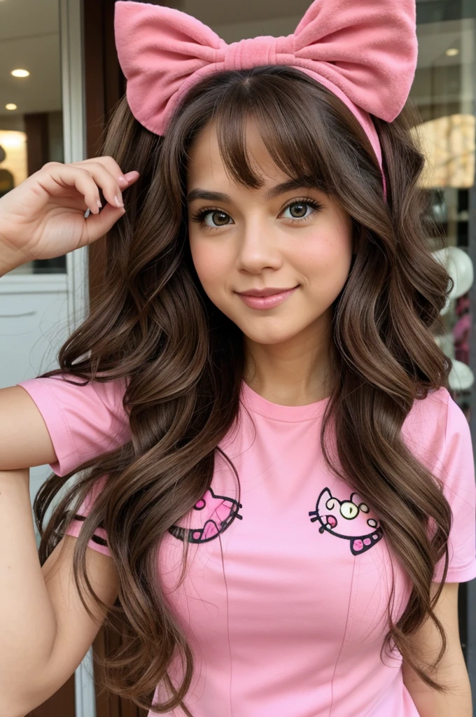 disney, a white woman with big brown eyes, long wavy hair with a hello kitty headband, pink clothes 